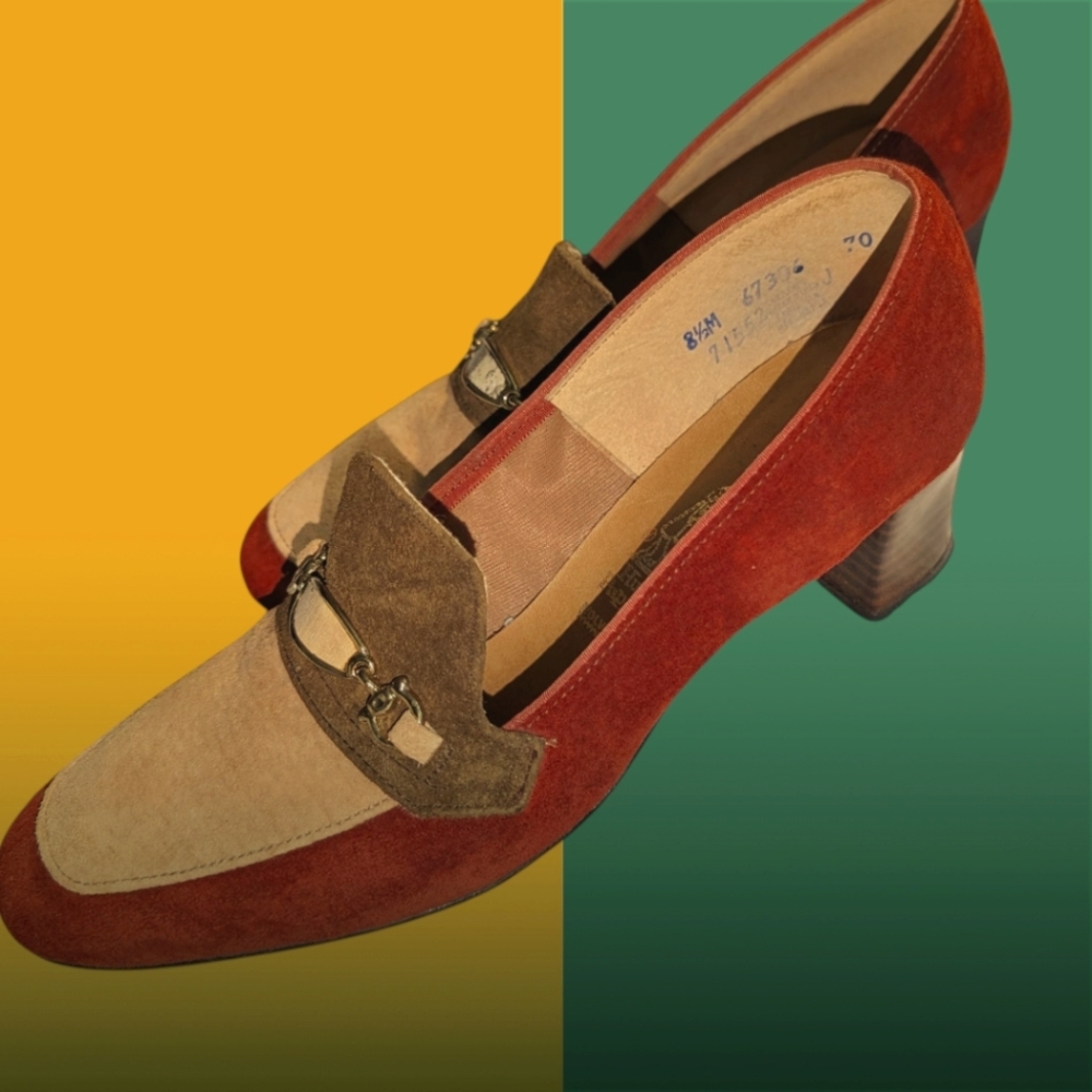 Vintage 70s Patchwork Suede Rust Tan Brown Loafer Chunky Heel Shoes Hush Puppies